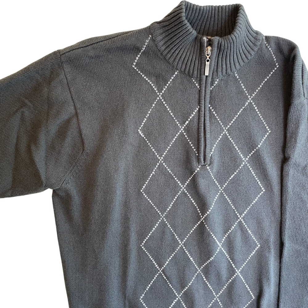 Oscar de la Renta Mens Gray Argyle 1/4 Zip Sweater‎ Pullover XL